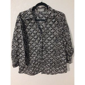 Liz Claiborne Womens Tunic Blouse Top Floral 3/4 Sleeve Button Up Size XL Brown